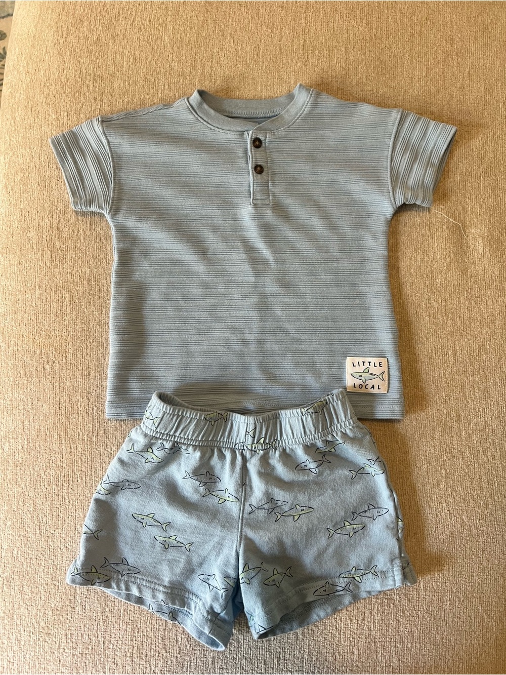Carter's Light Blue Henley Tee & Shark-Print Shorts Set